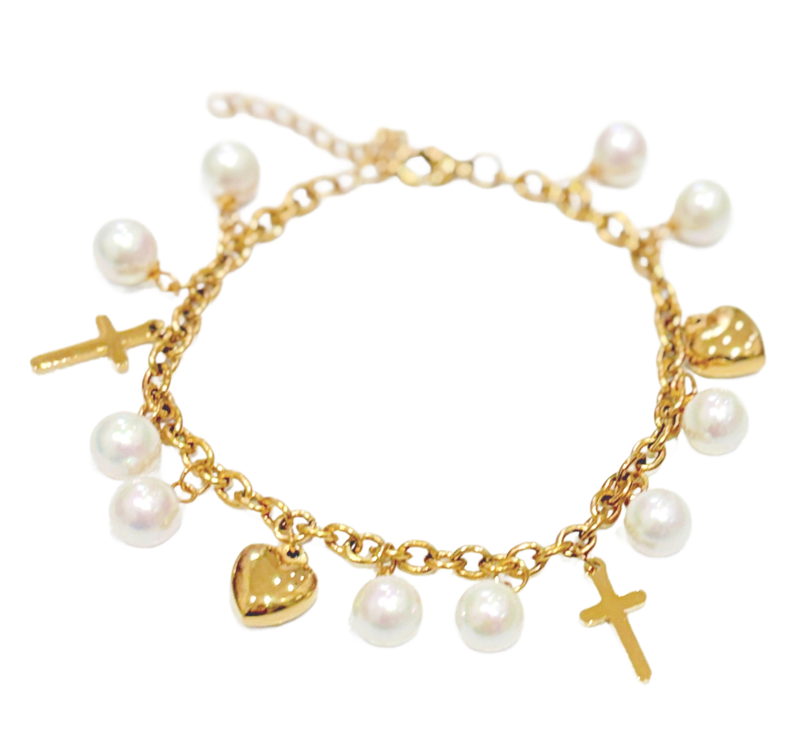 Gold Pearl Bracelet with Charms