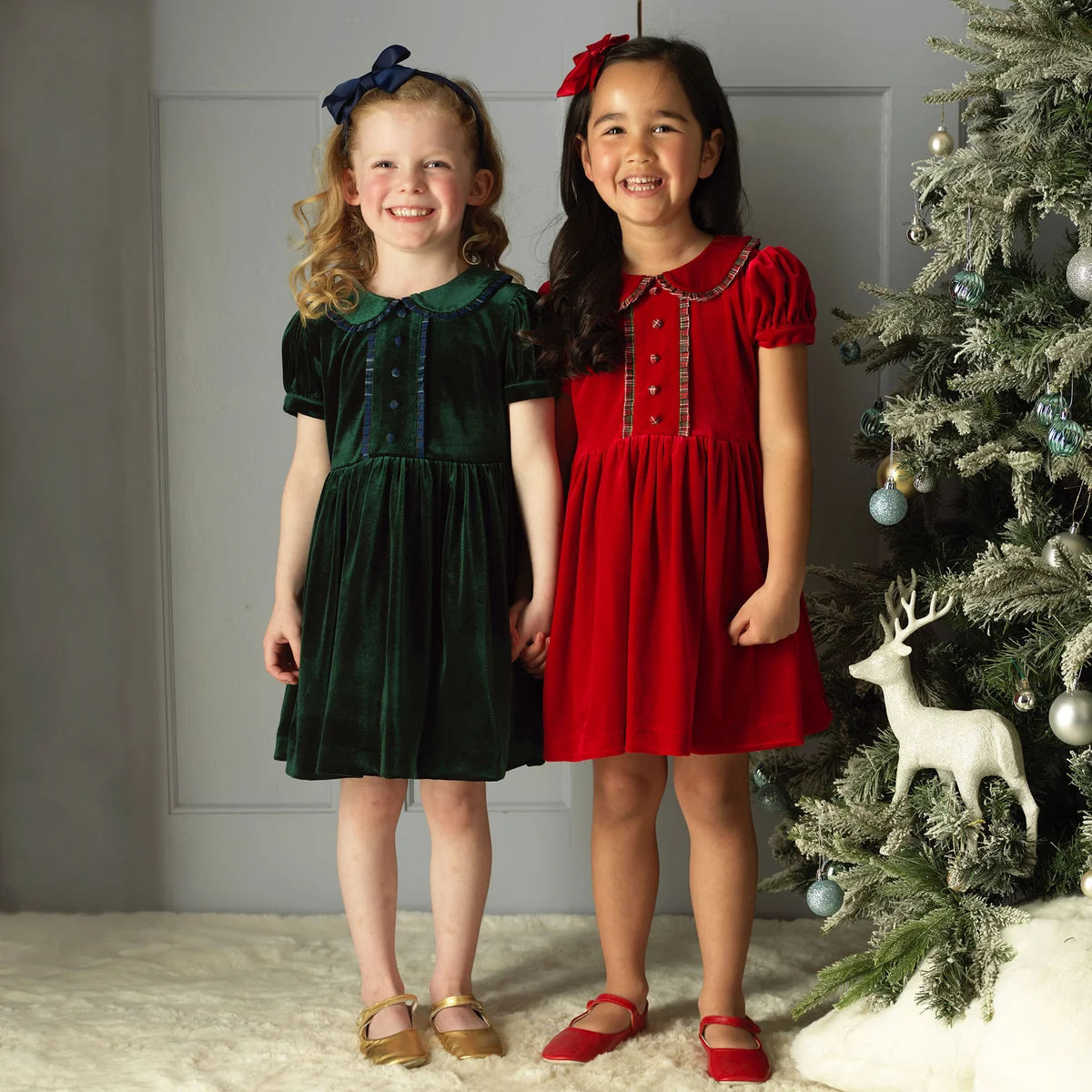 Red Velvet Tartan Trim Dress