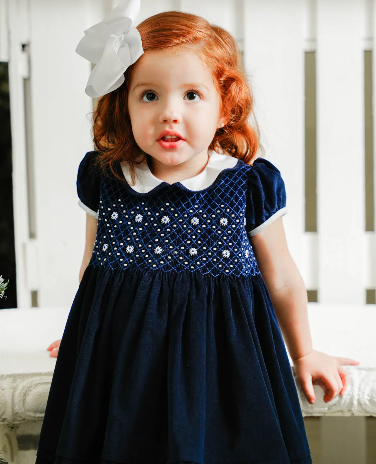 Navy Cord Geo Smocked Dress