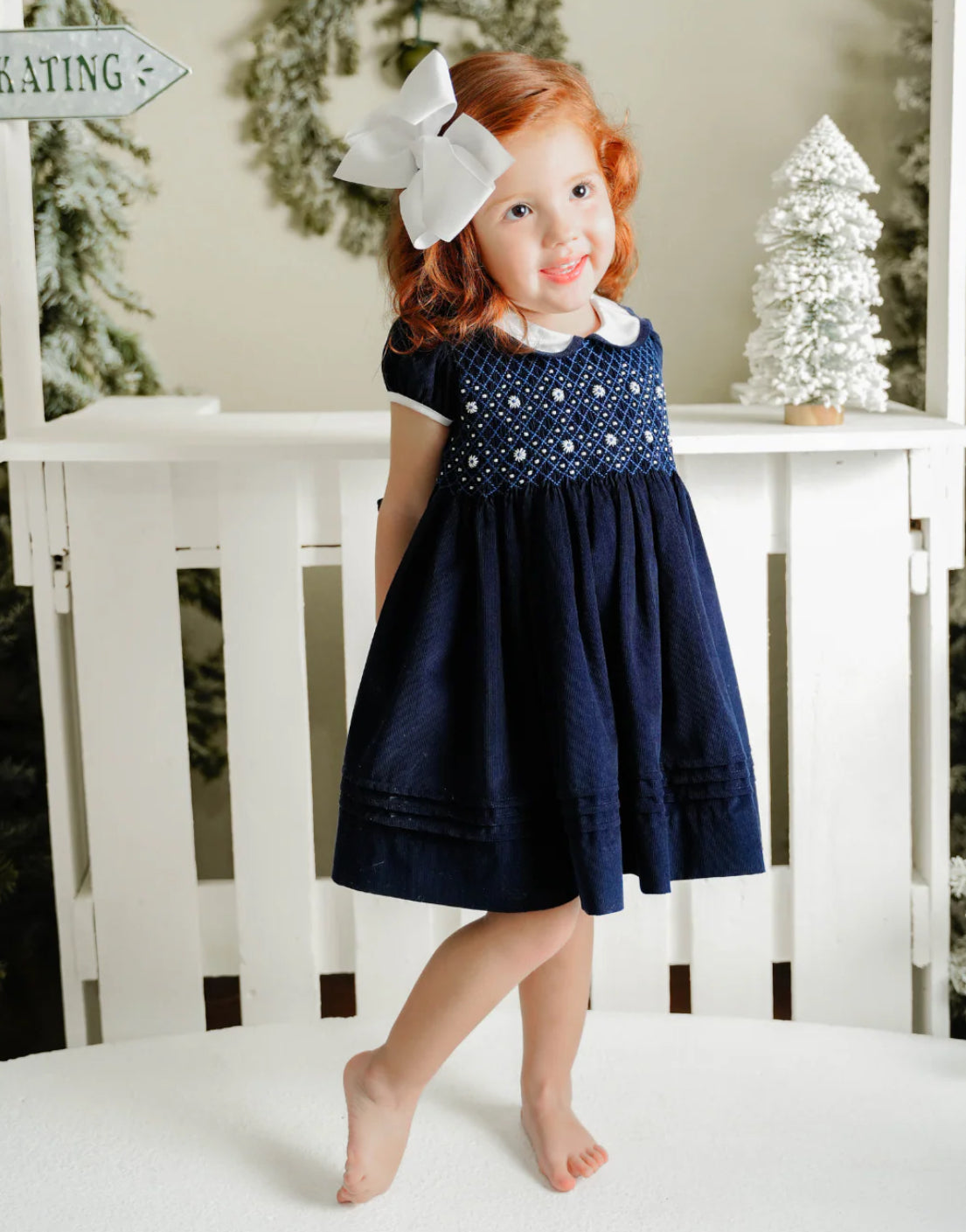Navy Cord Geo Smocked Dress