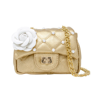 Gold Quilted Flower Pearl Handbag